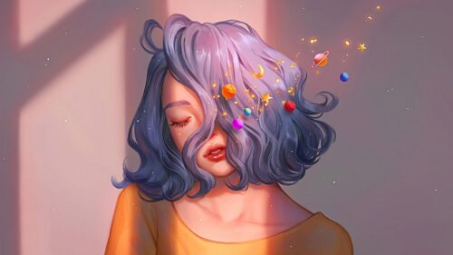 Dreamy Anime Girl with Floating Planets and Stars PC Wallpaper
