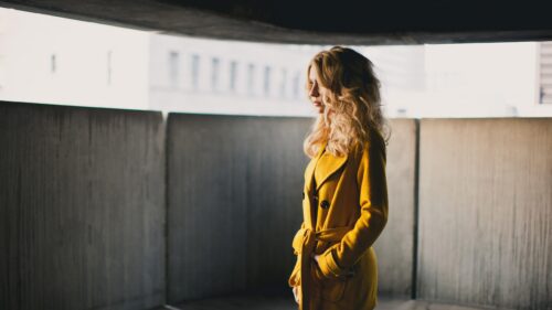 Elegant Blonde Woman in Yellow Coat Urban Portrait 4K Wallpaper