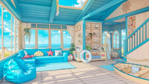 Cozy Coastal Beach House Interior with Ocean View 4K PC Wallpaper