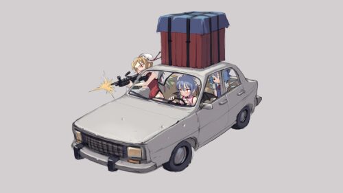 Anime Girls Driving Battle Royale Car with Supply Drop Desktop Wallpaper