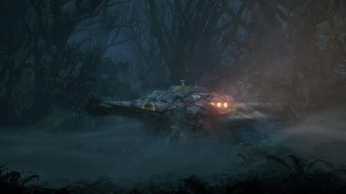 Crashed Sci-Fi Spaceship in a Dark Foggy Forest PC Wallpaper