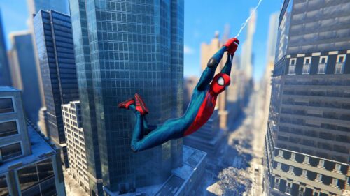 Spider-Man Swinging Through New York City Skyscrapers 4K Wallpaper