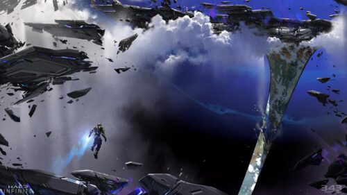 Master Chief Floating Near Shattered Halo Ring Infinite 4K PC Wallpaper