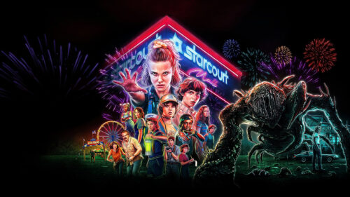 Stranger Things Season 3 Starcourt Mall and Characters 4K Wallpaper