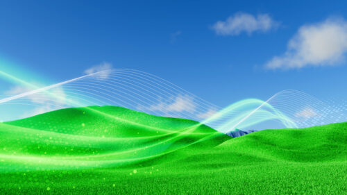 Vibrant Green Rolling Hills with Abstract Glowing Light Waves 4K Wallpaper