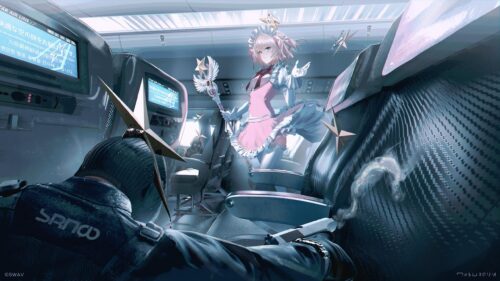 Anime Magical Girl and Armed Soldier in Airplane Cabin 4K Wallpaper