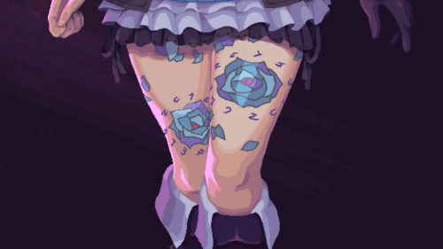 Pixel Art Anime Girl with Blue Rose Thigh Tattoos Desktop Wallpaper