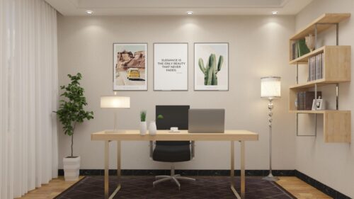 Minimalist Modern Home Office Interior with Wooden Desk and Laptop 4K Wallpaper