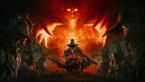 Dark Fantasy Hunter with Flaming Spirit Summon PC Wallpaper
