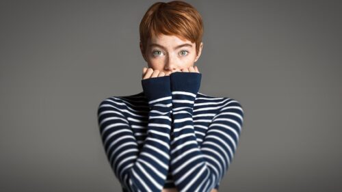 Emma Stone Portrait with Short Hair and Striped Sweater 4K PC Wallpaper