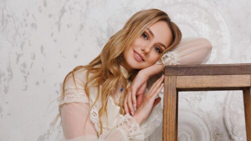 Beautiful Blonde Woman in Elegant Lace Dress PC Wallpaper