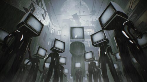 Surreal TV Head Figures in a Dark Rainy Cityscape 4K Wallpaper
