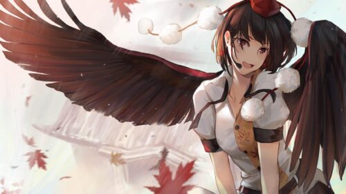 Anime Girl with Crow Wings and Autumn Leaves 4K Desktop Wallpaper