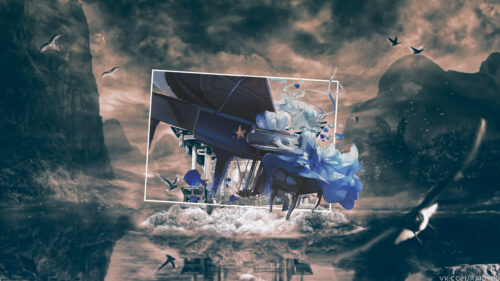 Anime Girl Playing Piano in Surreal Landscape PC Wallpaper