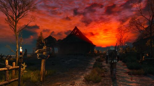 Geralt of Rivia in The Witcher 3 Red Sunset Village 4K PC Wallpaper