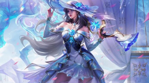 Elegant Fantasy Girl in Blue Crystal Gown 4K Desktop Wallpaper