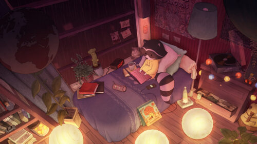 Cozy Raccoon Working on Laptop in Bedroom Aesthetic PC Wallpaper