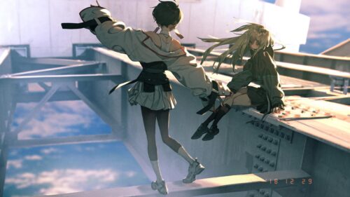 Anime Girls Sitting on Industrial Steel Beams High Altitude PC Wallpaper
