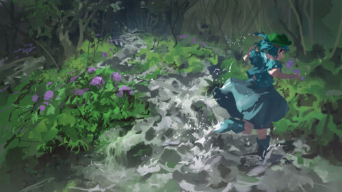Anime Girl Running Through Enchanted Forest Stream Desktop Wallpaper