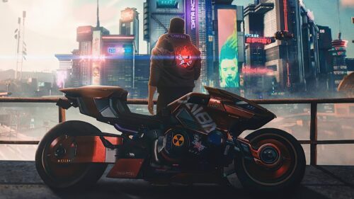 Cyberpunk Samurai Biker Standing in Futuristic Night City PC Wallpaper