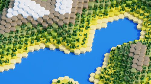 Low Poly Isometric Hexagon Terrain Map Landscape 4K Wallpaper