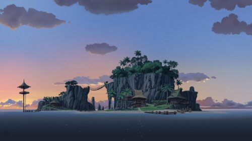 Anime Tropical Island Paradise at Sunset Desktop Wallpaper