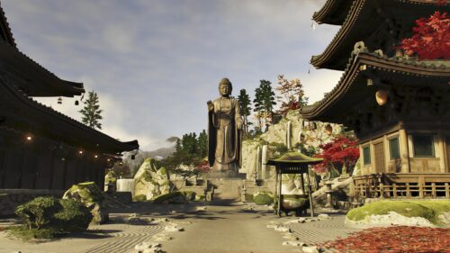 Zen Garden with Giant Buddha Statue and Traditional Japanese Temple PC Wallpaper
