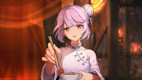 Anime Girl Eating with Chopsticks Warm Sunset Background 4K Wallpaper
