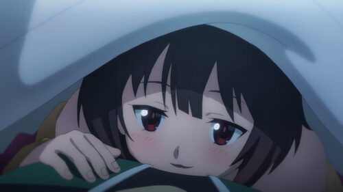 Cute Anime Girl Peeking From Under Blanket Desktop Wallpaper