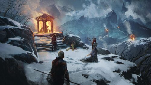 Dark Fantasy Snowy Mountain Landscape with Warriors and Necromancers PC Wallpaper