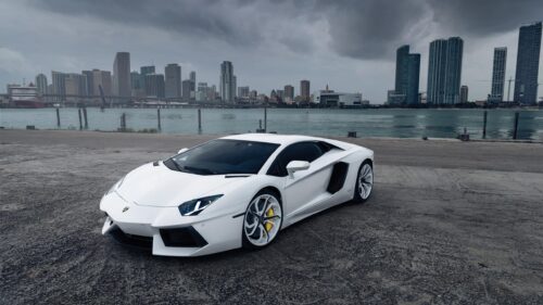 White Lamborghini Aventador Sports Car with Miami Skyline Desktop Wallpaper