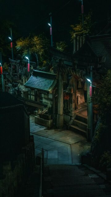 A Japanese Shrine Illuminated At Night