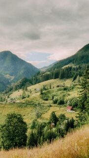 Serene Nature Scene: Lush Green Valley Surrounded by Mountains under Cloudy Sky