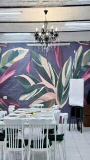Modern Meeting Room Floral Wallpaper White Tables