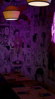 Anime Manga Wallpaper Adorns A Dimly Lit Restaurant Interior