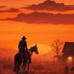 Cowboy Riding Horse at Sunset Near Rustic Cabin