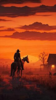 Cowboy Riding Horse at Sunset Near Rustic Cabin