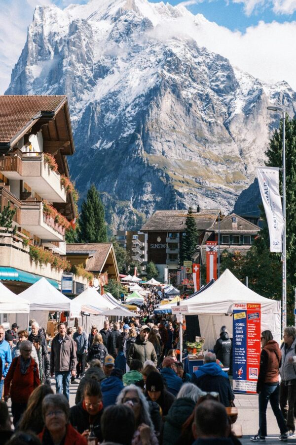 Mountain View at a Bustling Street Market