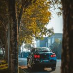 Dark Sports Car on Tree-Lined Street