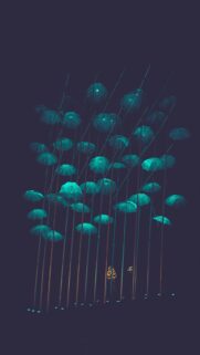 Mystical Night Sky with Glowing Umbrellas