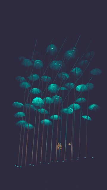 Mystical Night Sky with Glowing Umbrellas