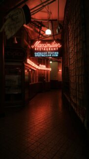 Maximilian Restaurant Neon Sign Outdoor Seating Nightlife