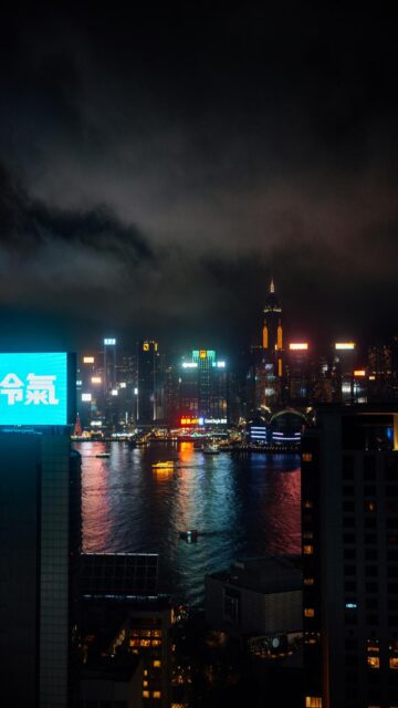 Nighttime Hong Kong Skyline with Neon Lights