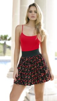 Stunning Blonde Woman in Red Top and Floral Skirt Outdoor Portrait Wallpaper