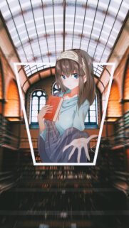 Anime Girl Holding a Book in a Beautiful Library Mobile Wallpaper