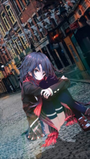 Lonely Anime Girl Sitting on Cobblestone Street Wallpaper for Mobile
