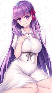 Beautiful Anime Girl with Long Purple Hair in White Dress Wallpaper for Mobile
