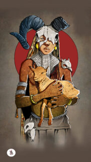 Mystical Shaman Character with Goat Illustration Mobile Wallpaper