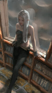 Melancholic Elf Girl in Library Digital Art Mobile Wallpaper