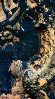 Stunning Mars Surface Aerial View Abstract Wallpaper in Deep Blue and Golden Tones